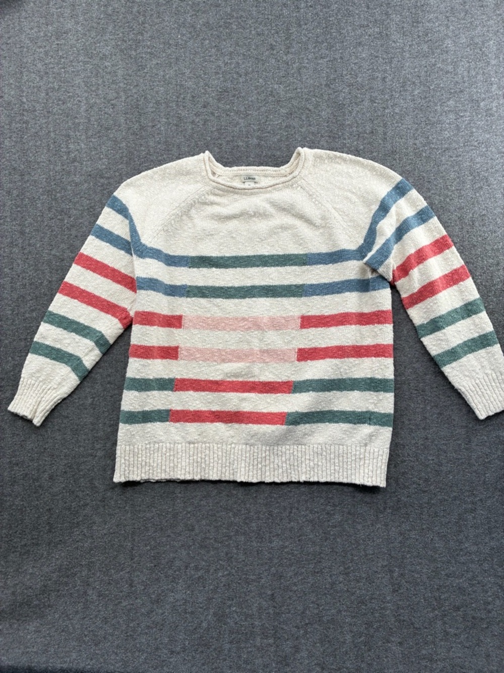 LL Bean Striped Cream 100% Cotton Sweater with Multi Color Stripes